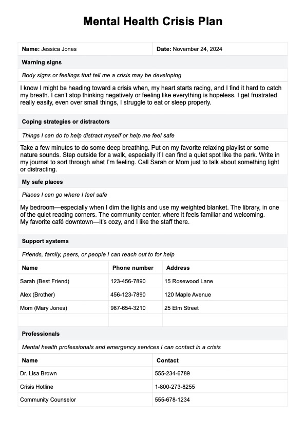 Plan para crisis de salud mental PDF Example