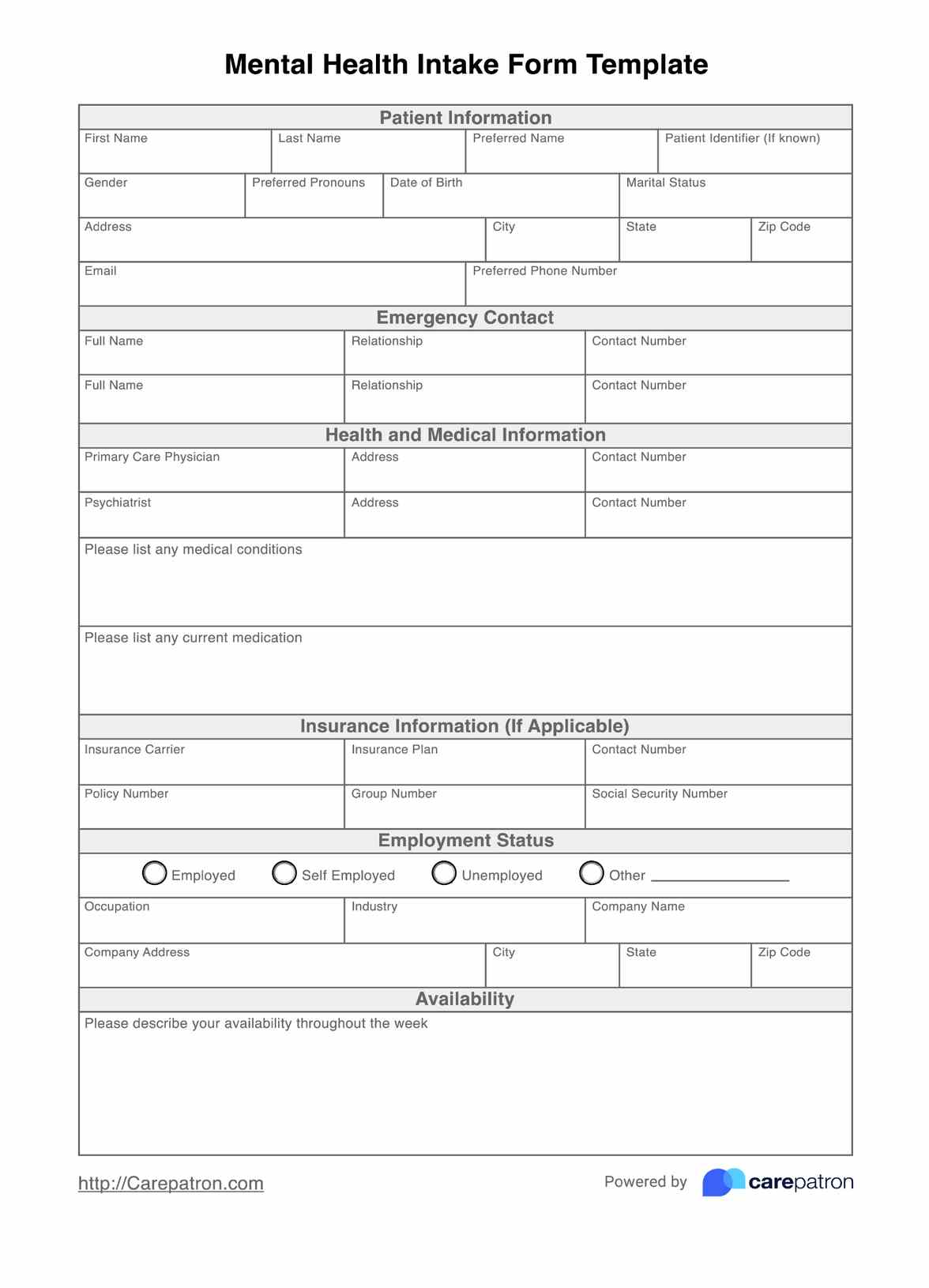 Mental Health Intake Form PDF Example