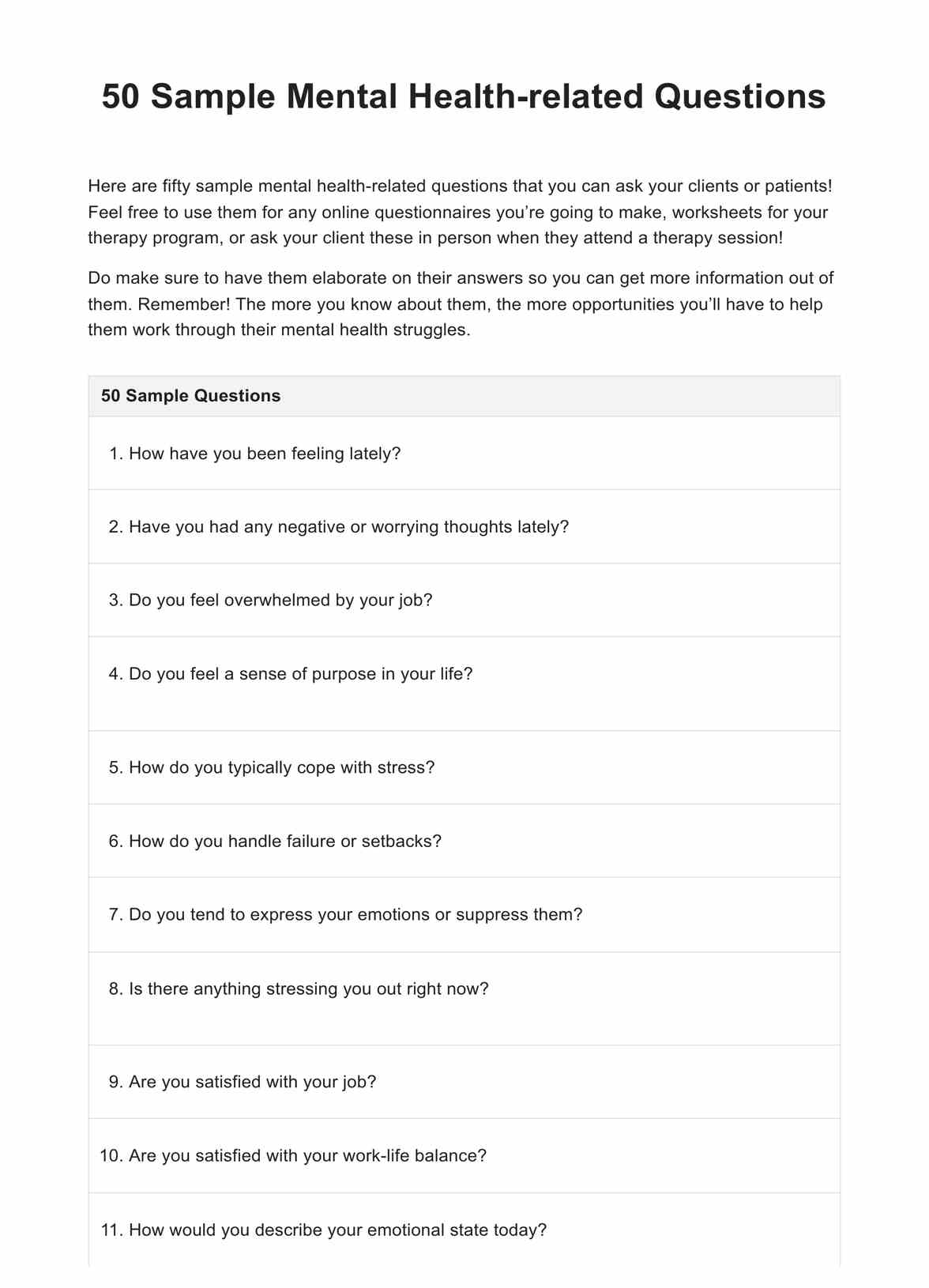 Mental Health Questions PDF Example