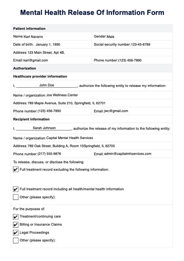 Formulir Pelepasan Informasi Kesehatan Mental PDF Example