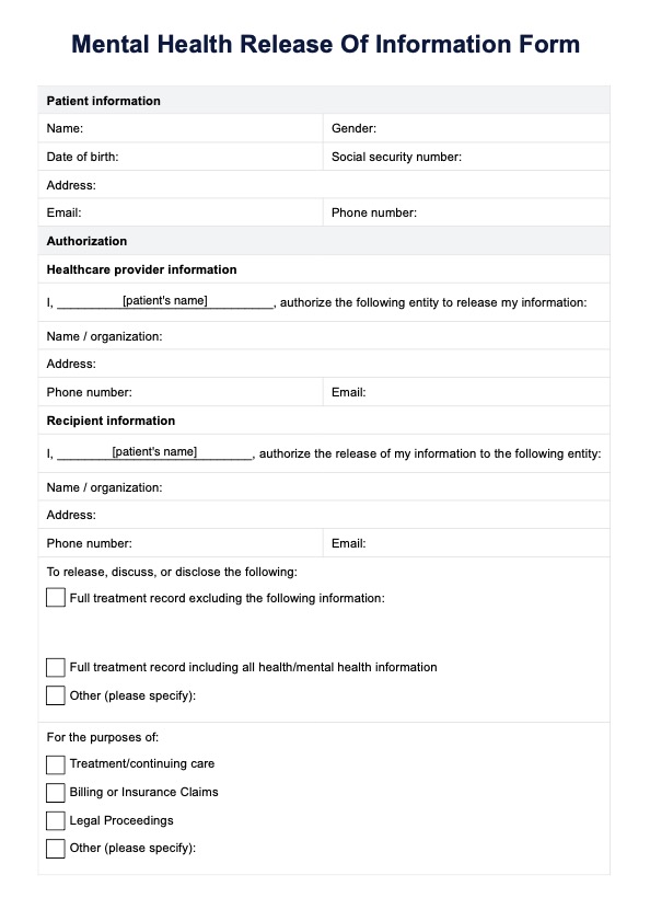 Formular for frigivelse af information om mental sundhed PDF Example