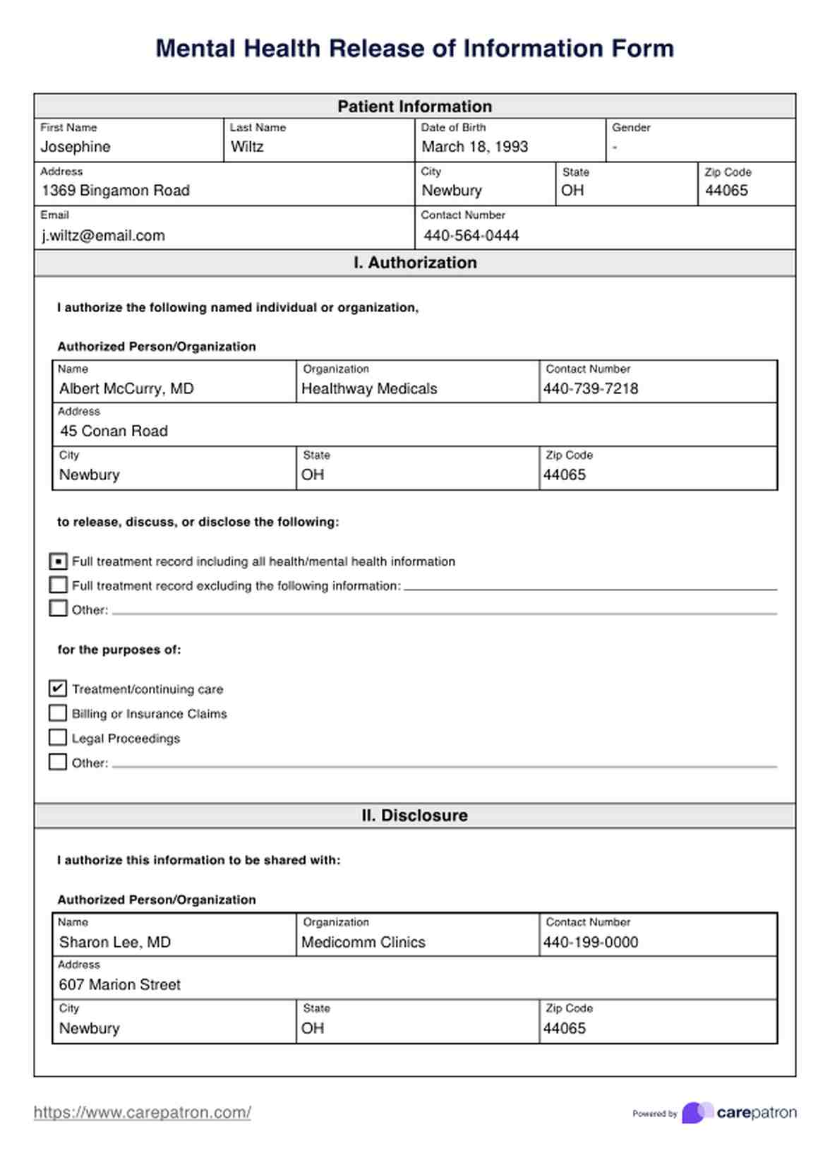 Mental Health Release Of Information Form PDF Example