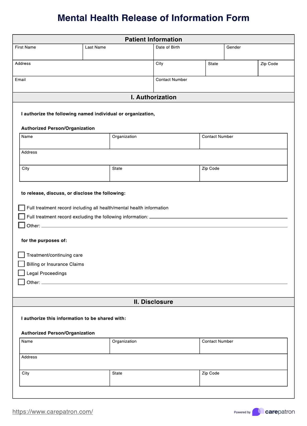 Mental Health Release Of Information Form PDF Example