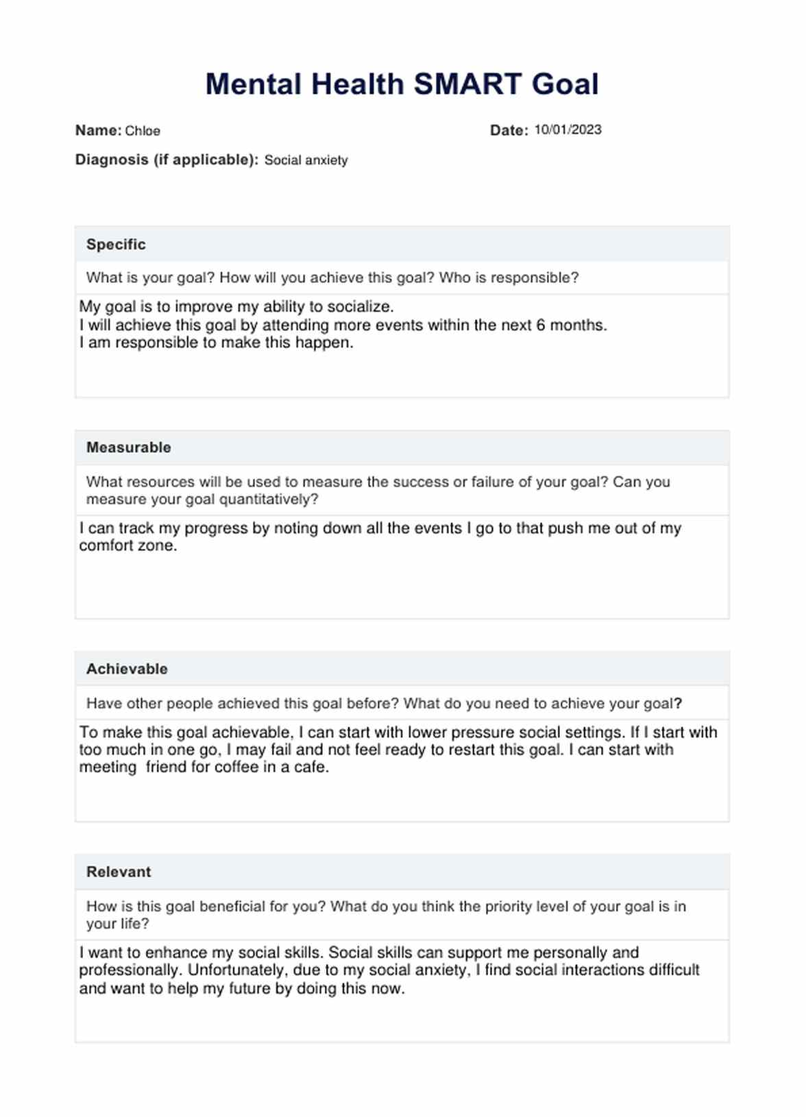 SMART Goals Mental Health PDF PDF Example