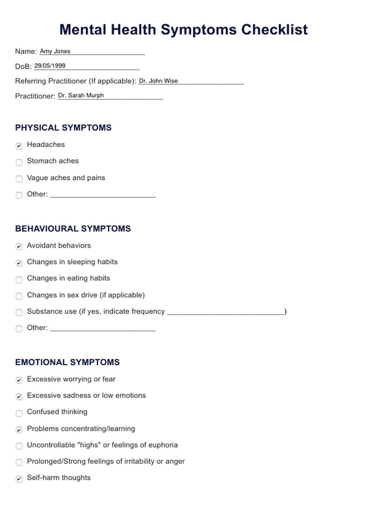 Mental Health Symptoms PDF Example