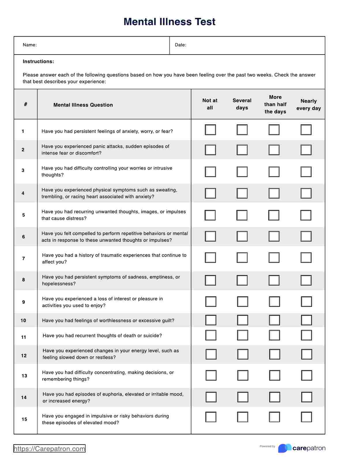 Mental Illness Test PDF Example
