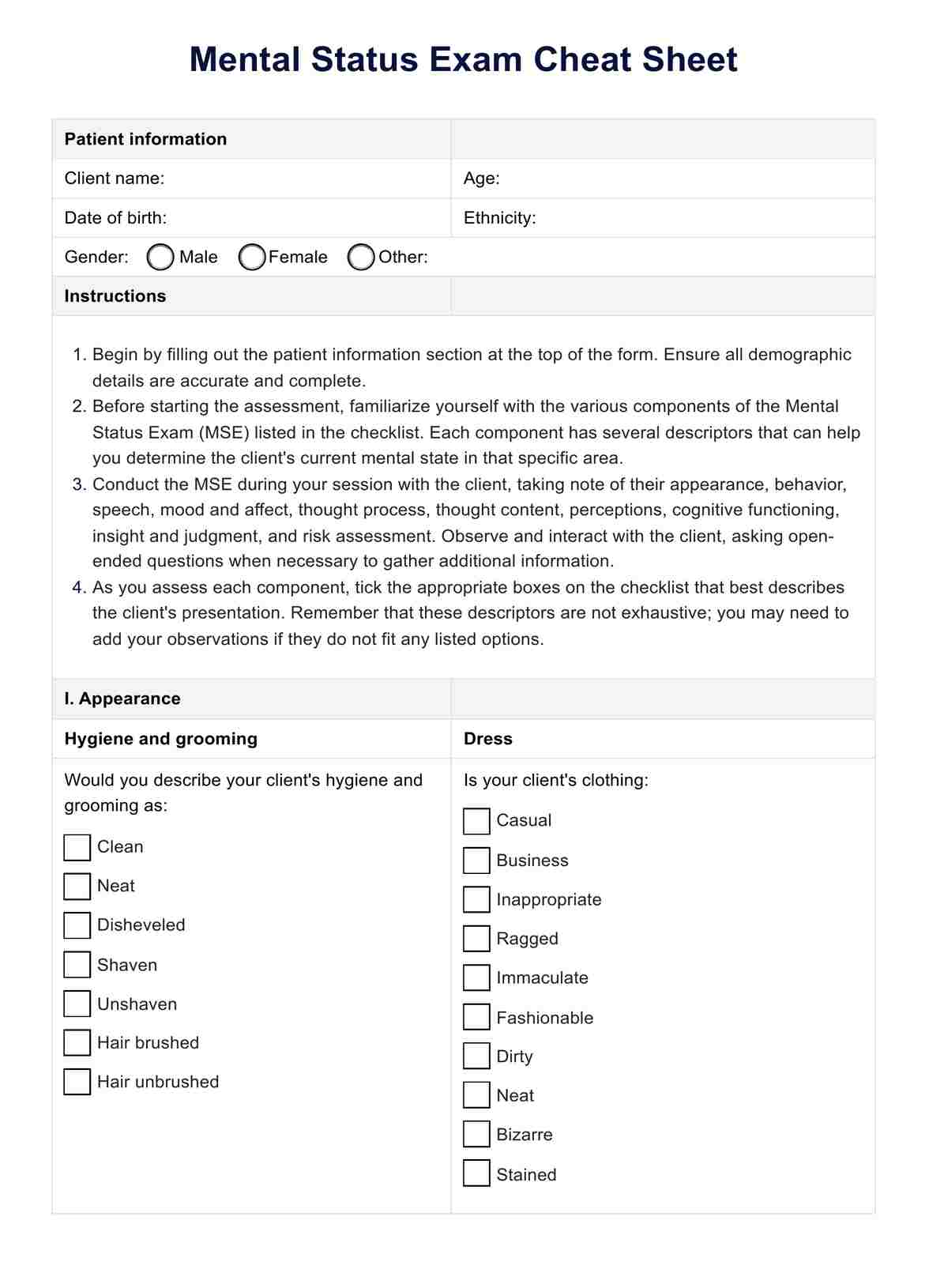 Mental Status Exam Cheat Sheet PDF Example
