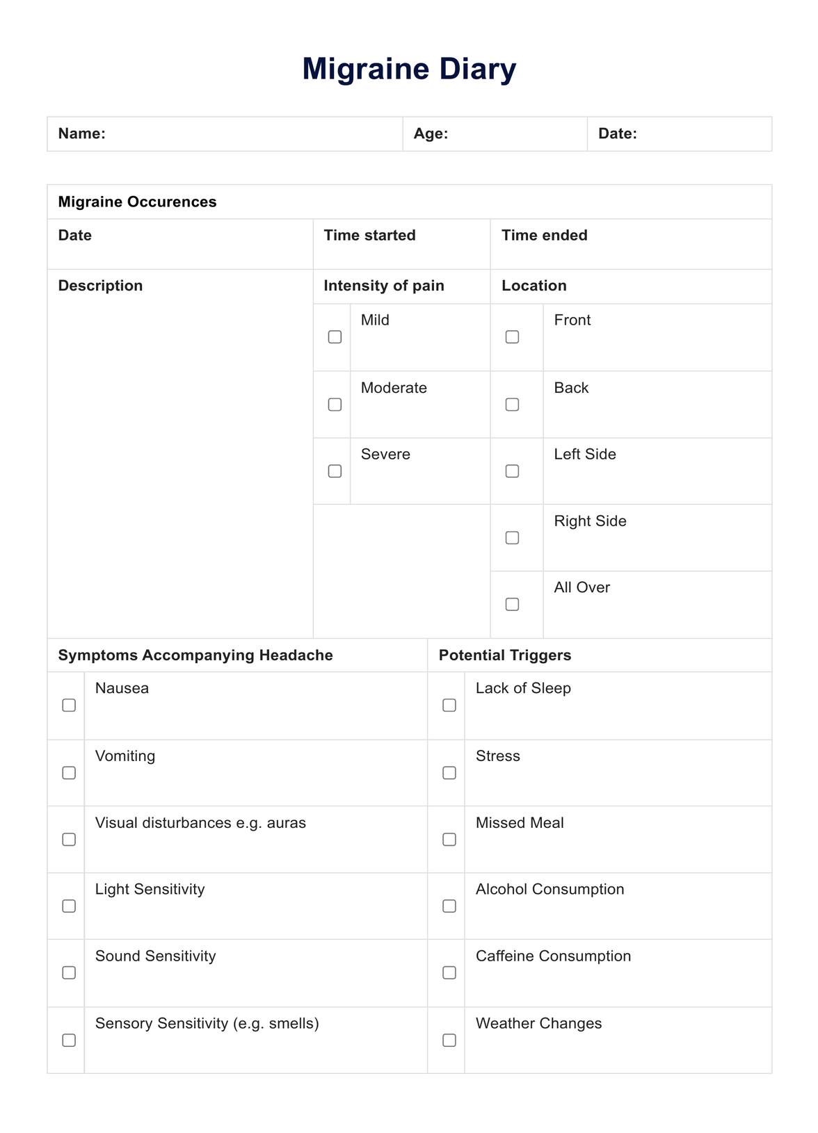 Migraine Diary PDF Example