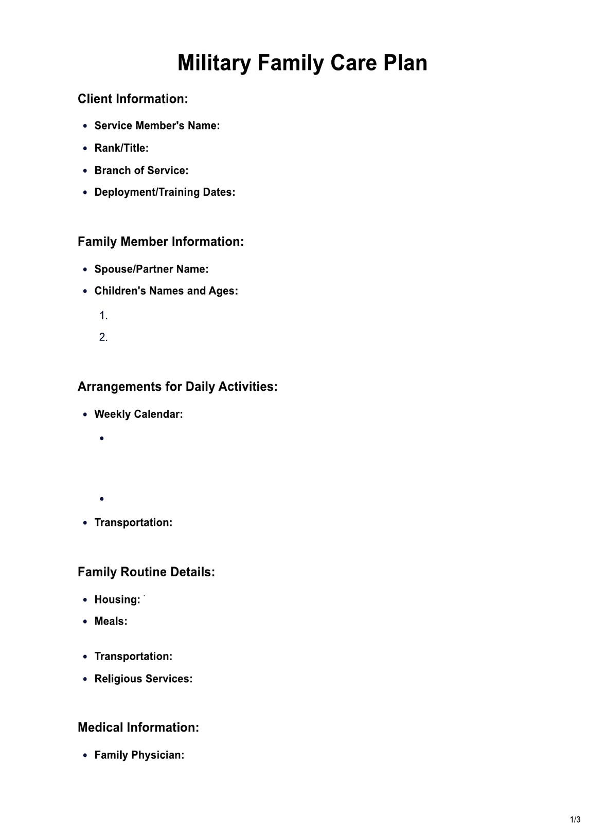 Military Family Care Plan PDF Example