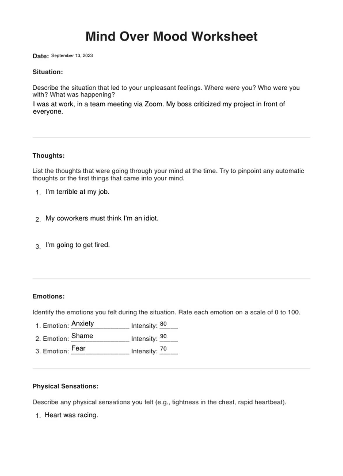 Mind Over Mood Worksheets PDF Example