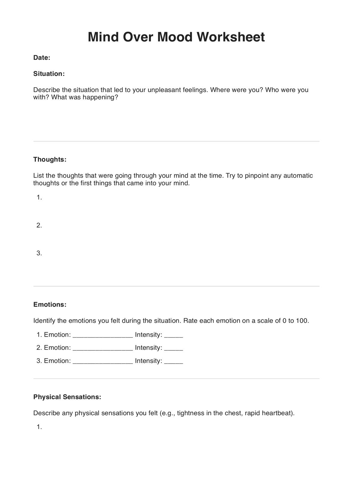 Mind Over Mood Worksheets PDF Example