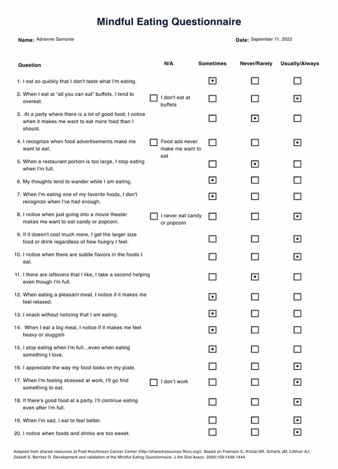 Mindful Eating Questionnaire PDF Example