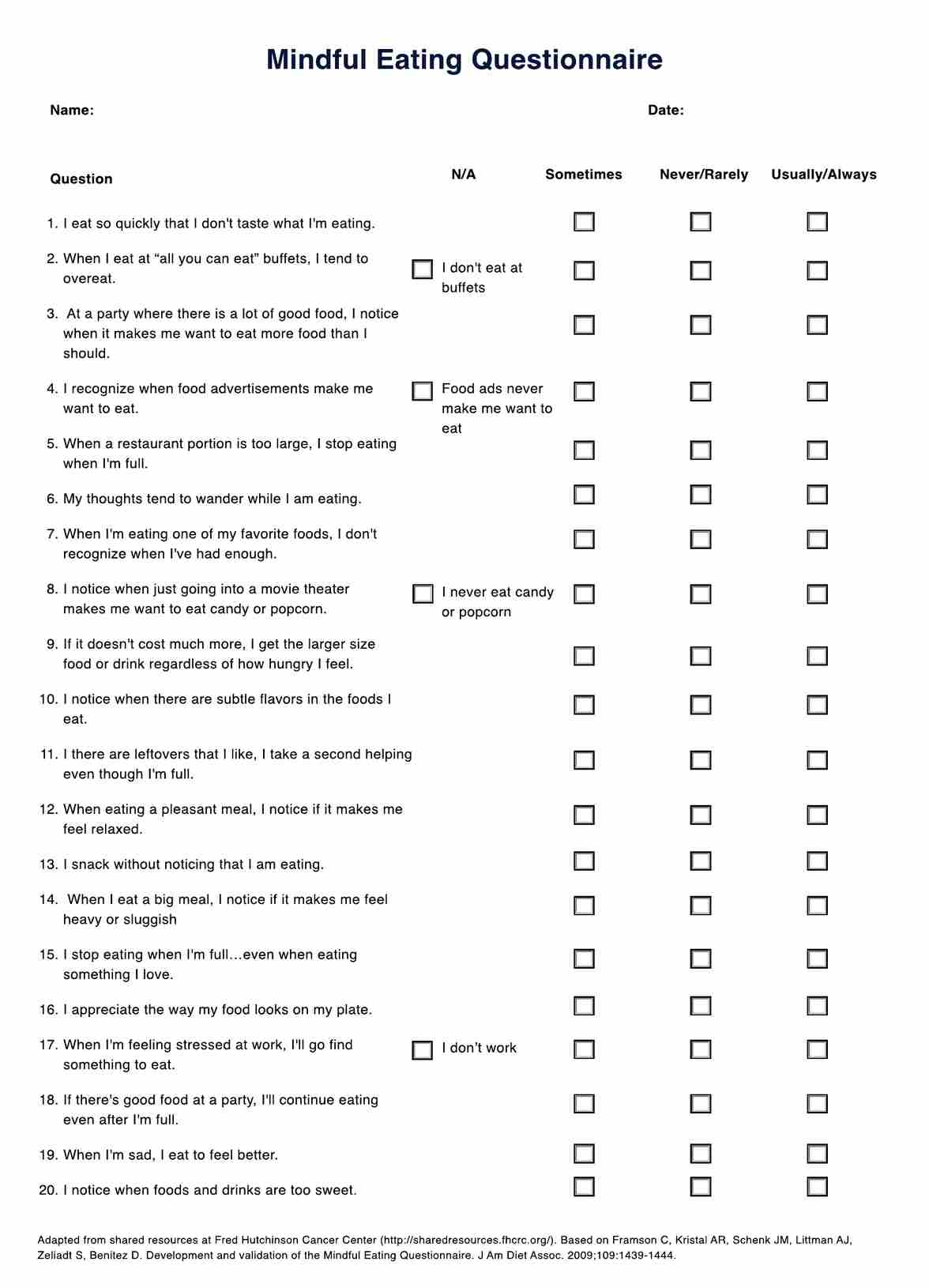 Mindful Eating Questionnaire PDF Example