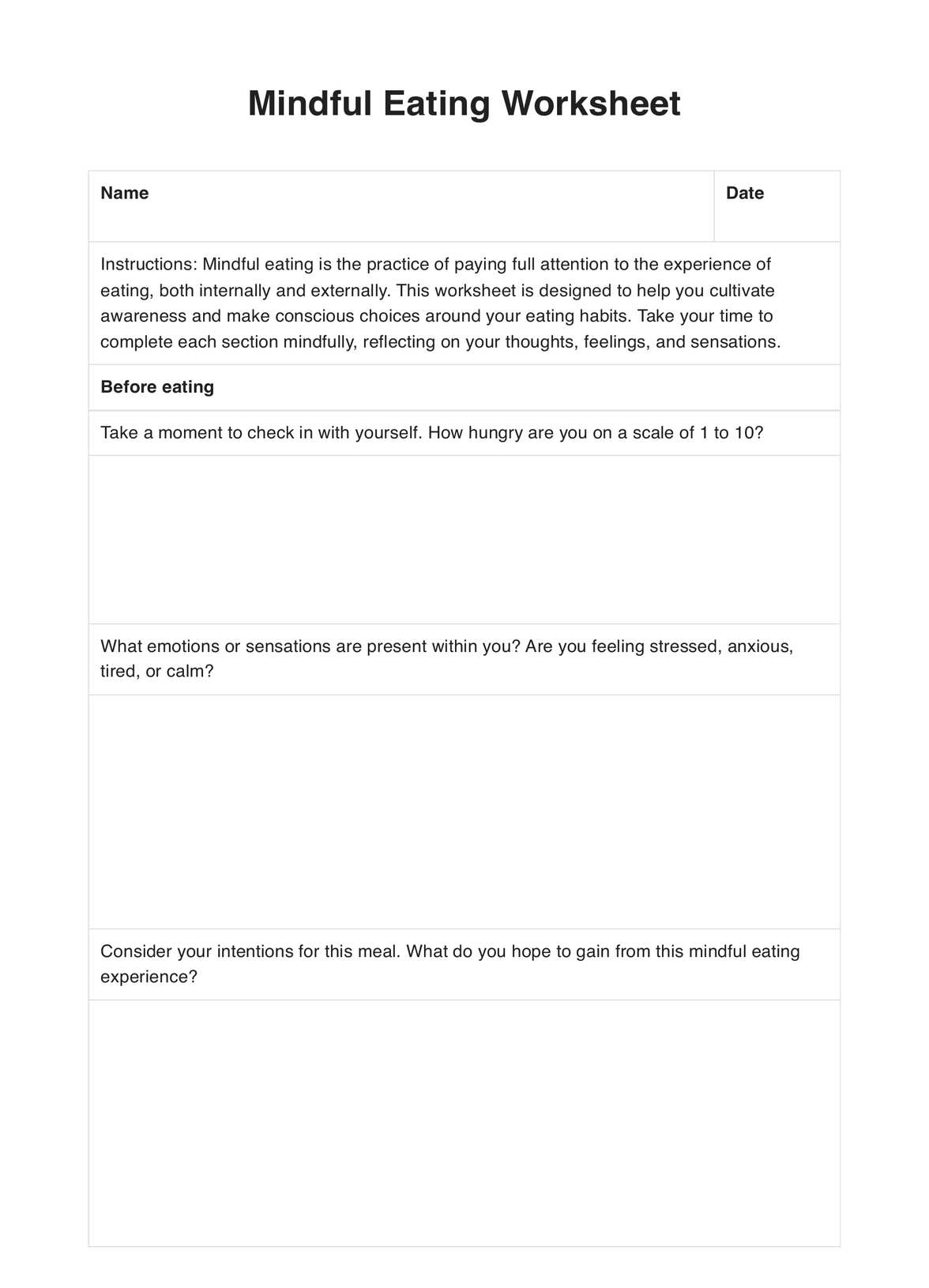 Mindful Eating Worksheet PDF Example