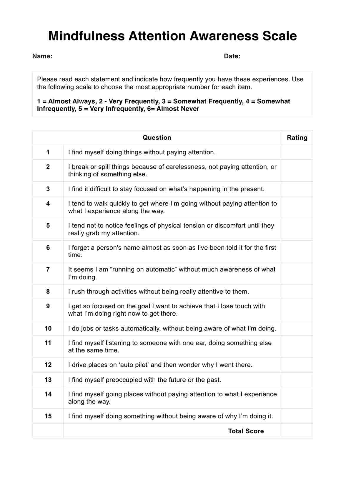 Mindfulness Attention Awareness Scale PDF Example