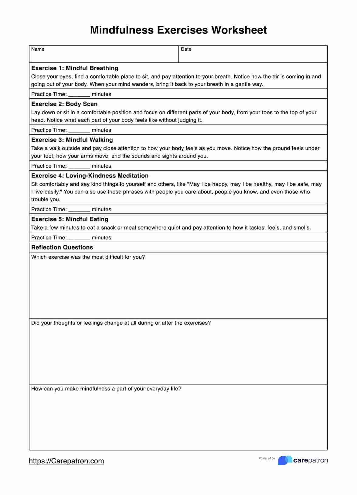 Mindfulness Exercises Worksheets PDF Example