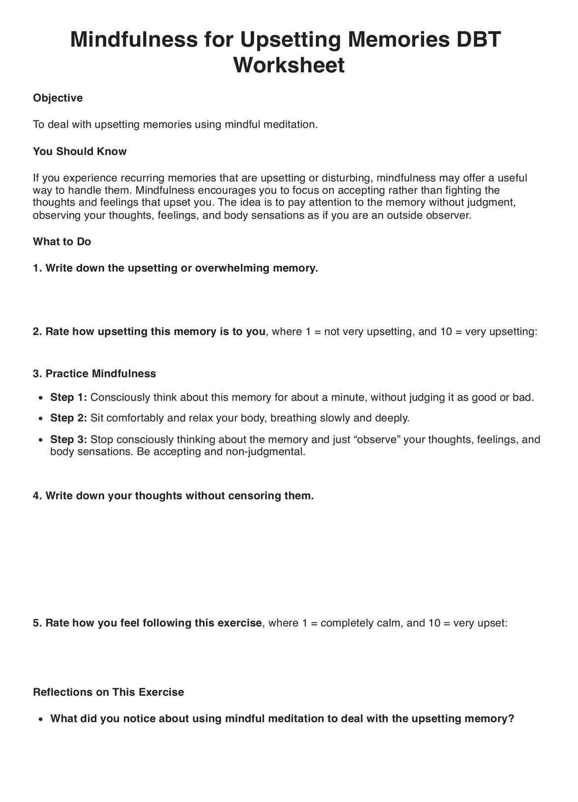 Mindfulness for Upsetting Memories DBT Worksheet PDF Example