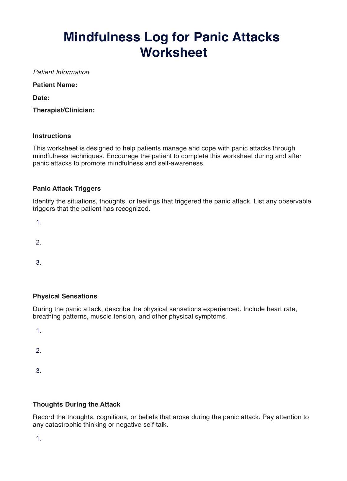 Mindfulness Log for Panic Attacks Worksheet PDF Example