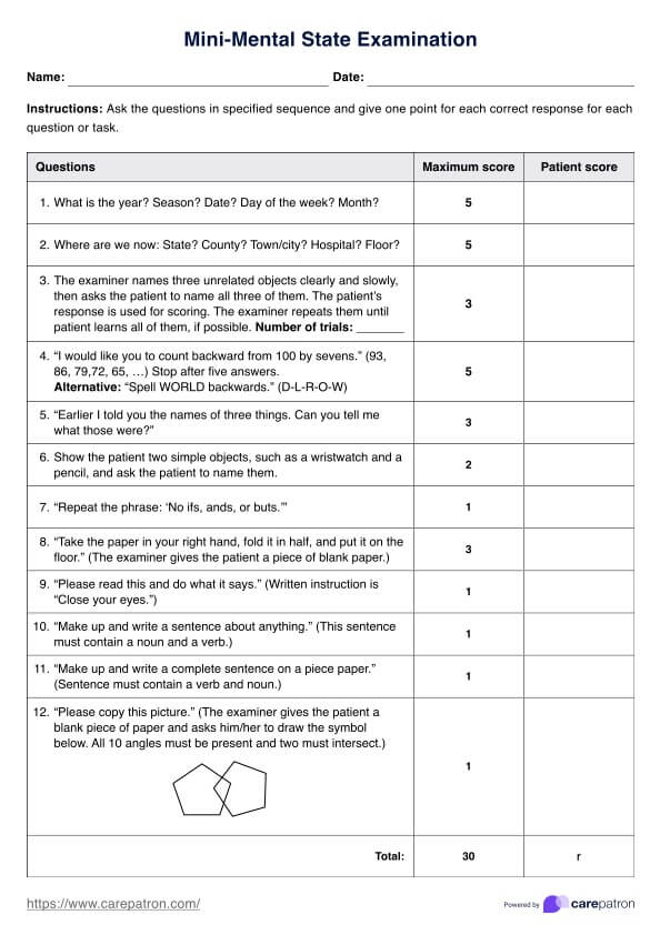 Mini examen del estado mental (MMSE) PDF Example