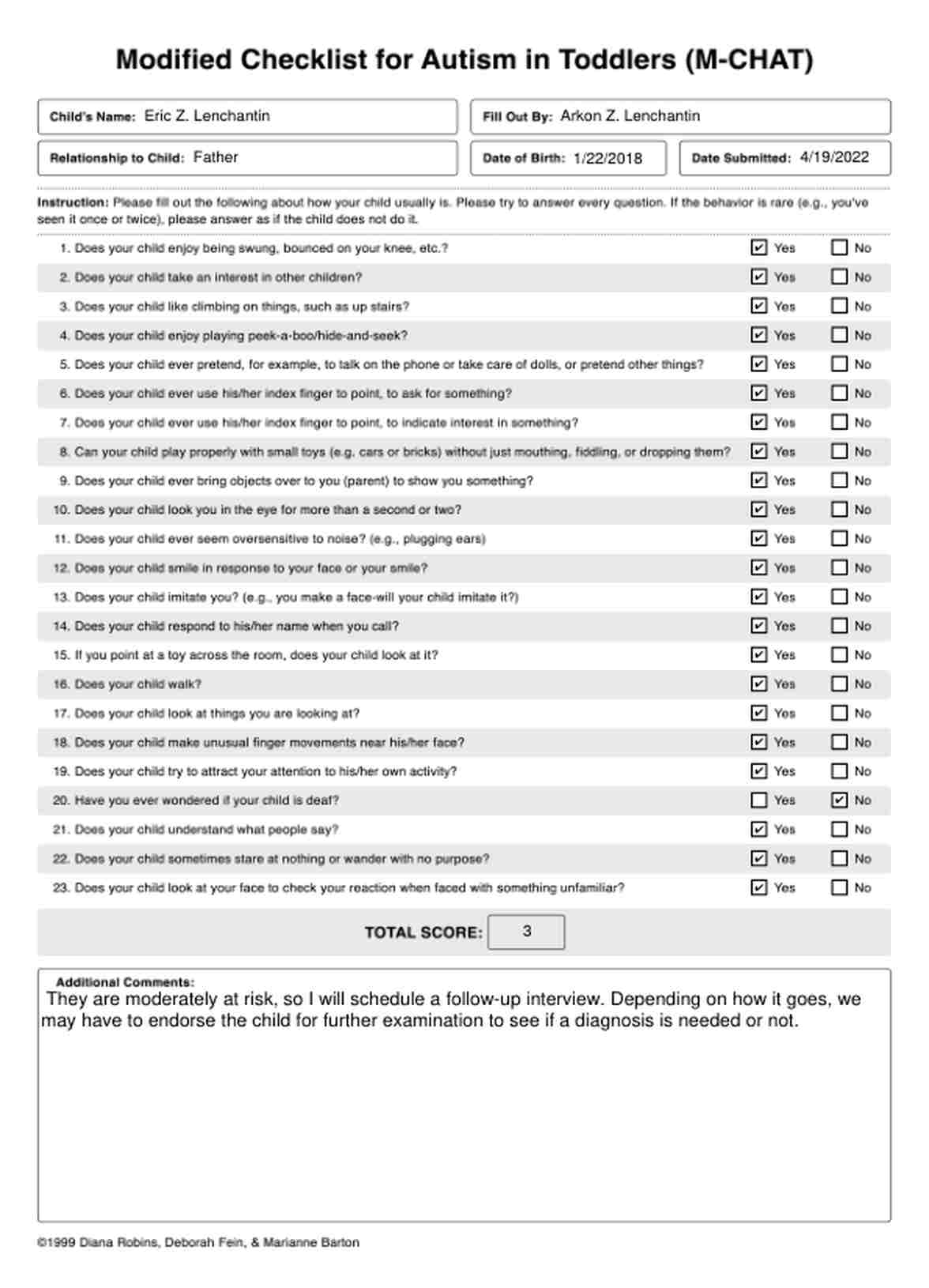 Modified Checklist for Autism in Toddlers (M-CHAT) PDF Example