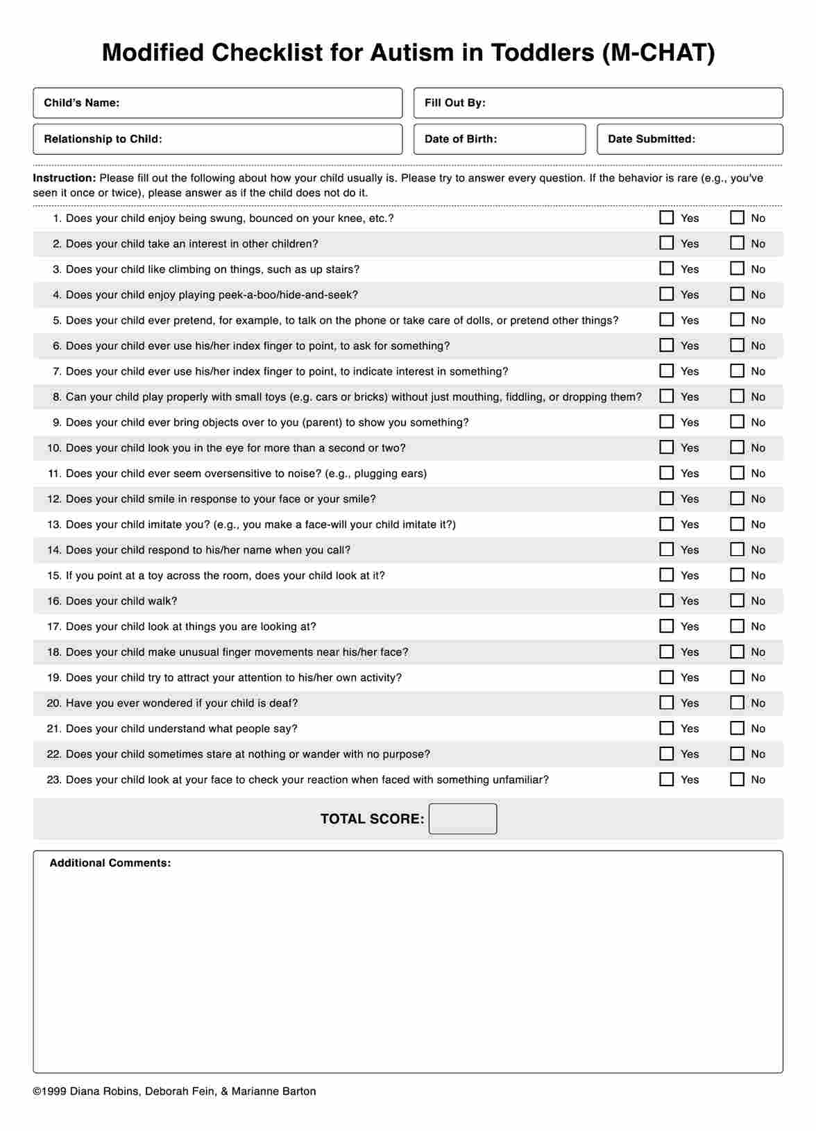 Modified Checklist for Autism in Toddlers (M-CHAT) PDF Example