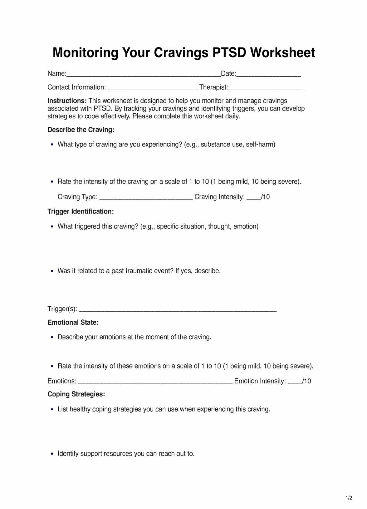 Monitoring Your Cravings PTSD Worksheet PDF Example