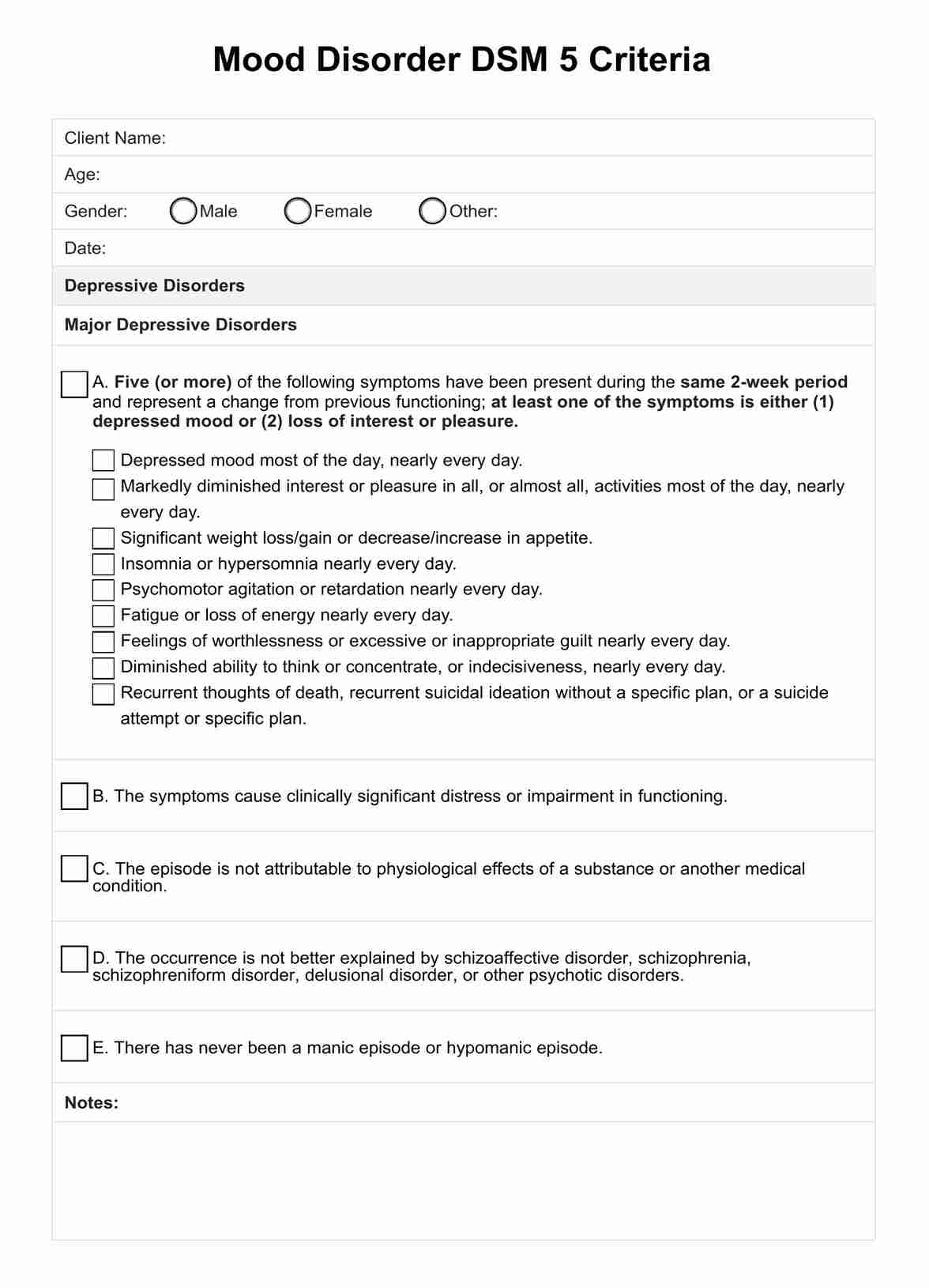 Mood Disorder DSM 5 Criteria PDF Example