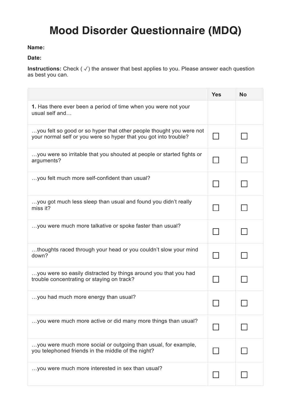 Mood Disorder Questionnaire PDF Example