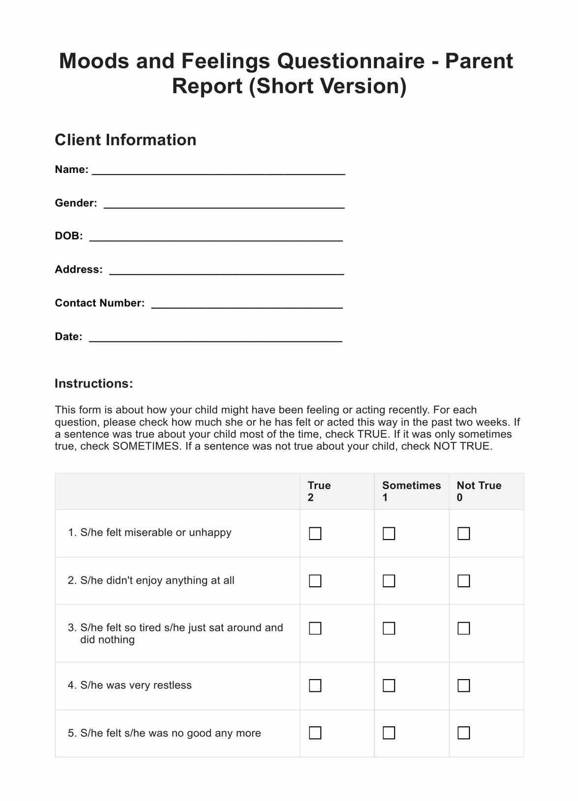 Moods and Feelings Questionnaire - Parent Report (Short Version) PDF Example