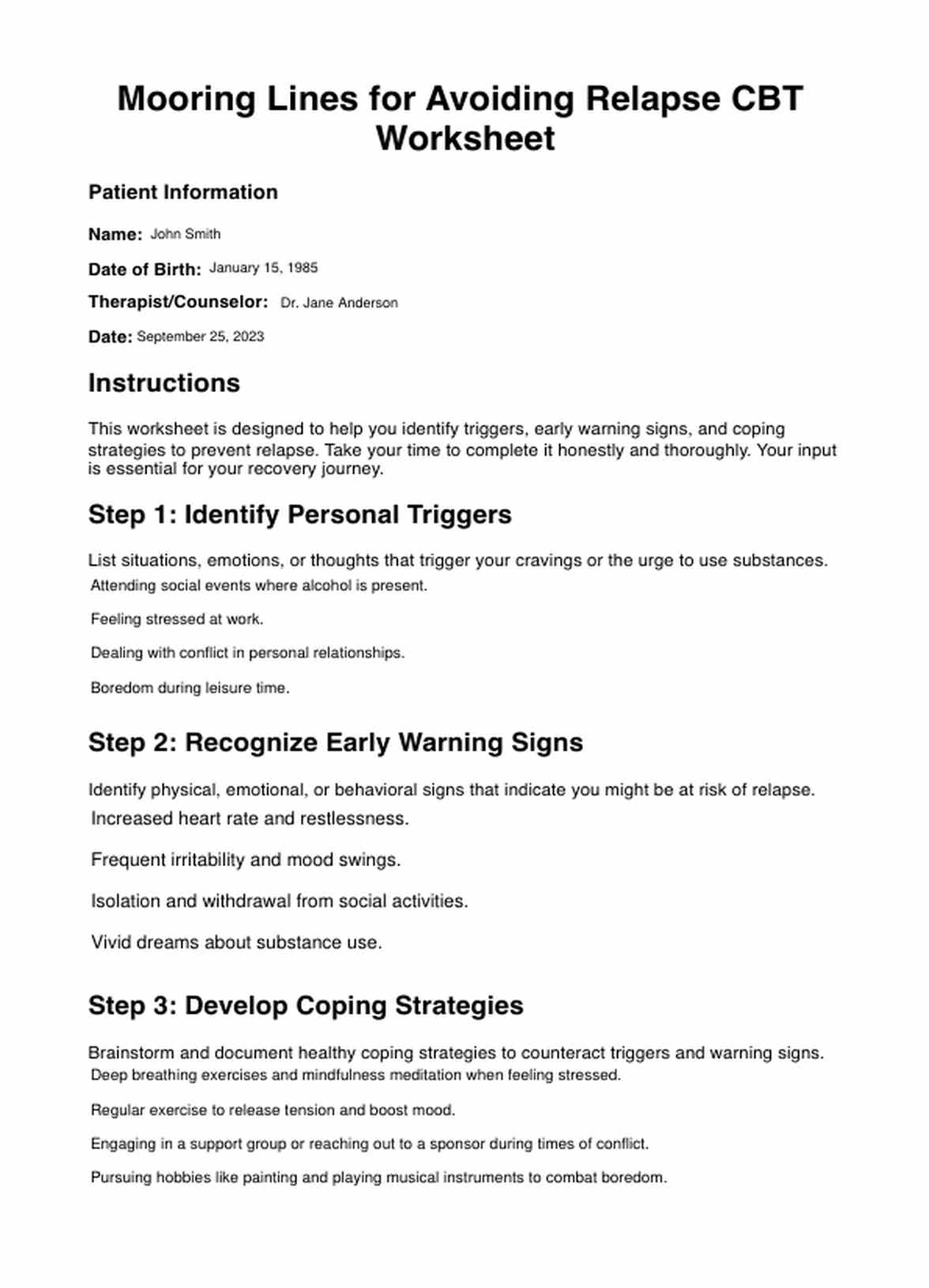 Mooring Lines for Avoiding Relapse CBT Worksheets PDF Example