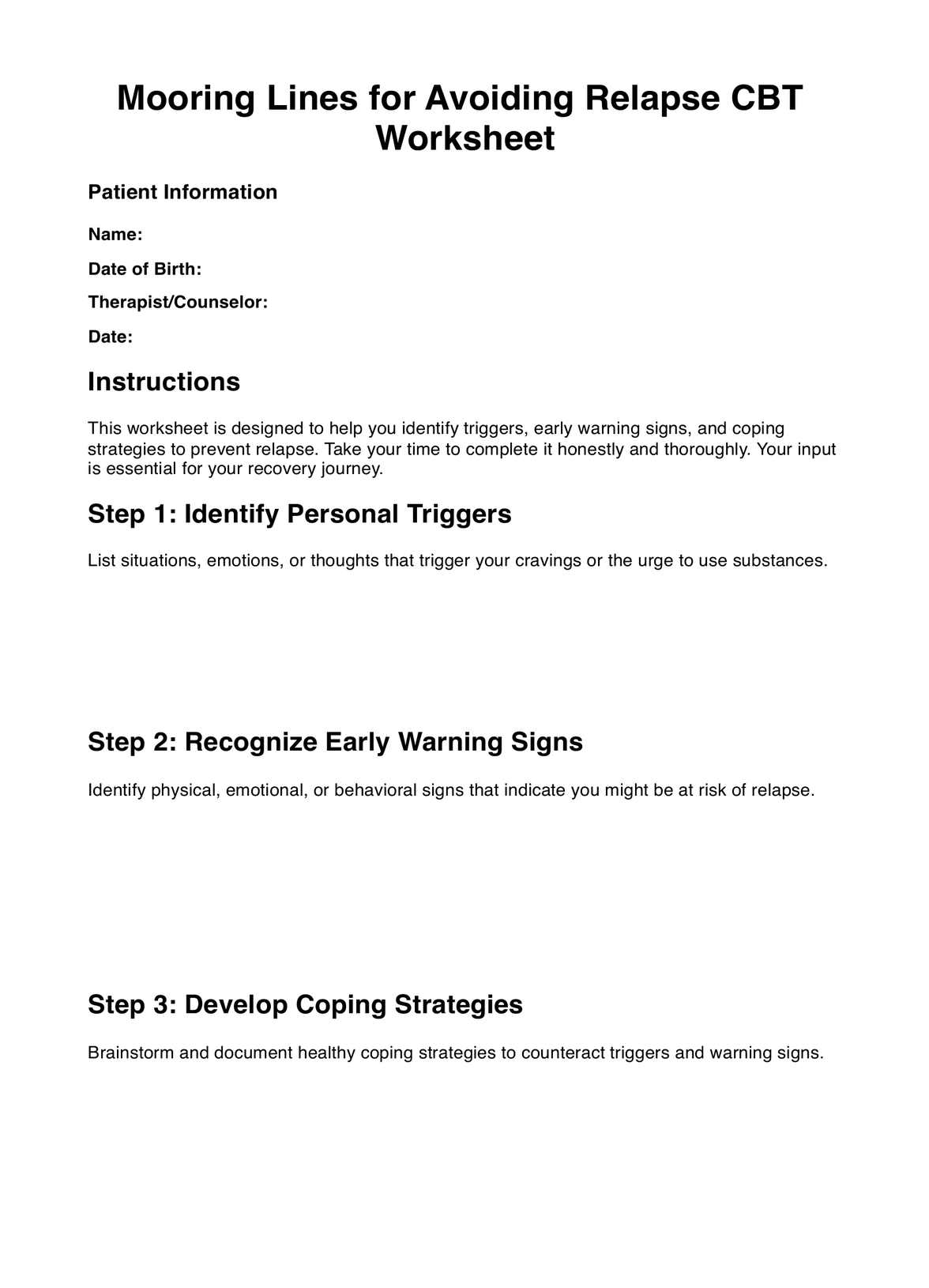 Mooring Lines for Avoiding Relapse CBT Worksheets PDF Example