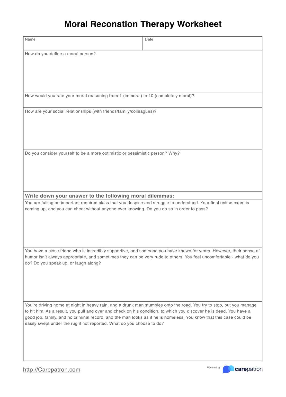 Moral Reconation Therapy Worksheets PDF Example