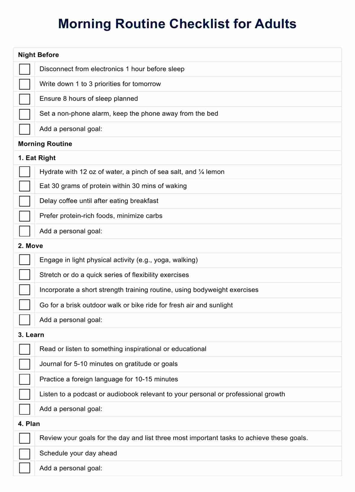 Morning Routine Checklist for Adults PDF PDF Example
