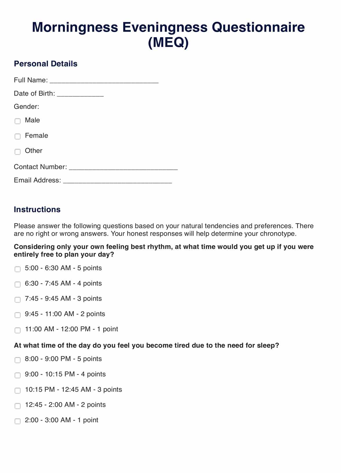 Morningness Eveningness Questionnaire PDF Example