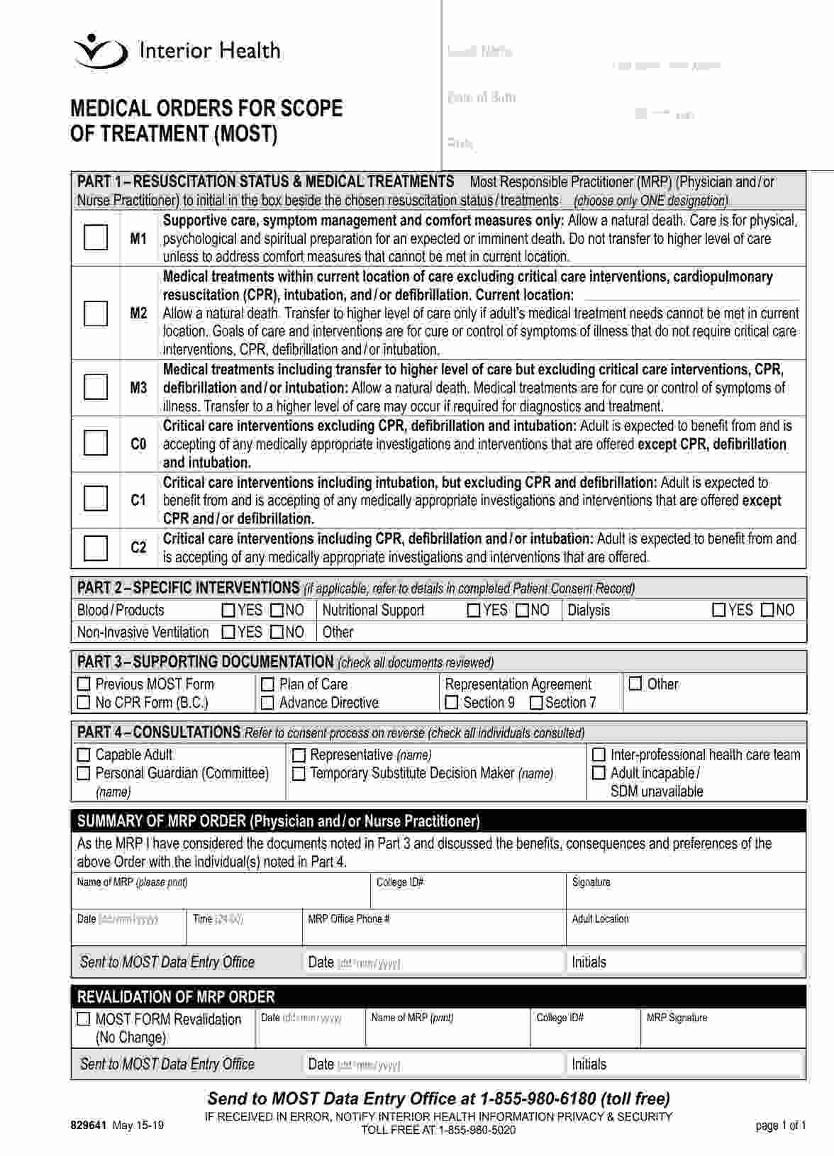MOST Medical Form PDF Example