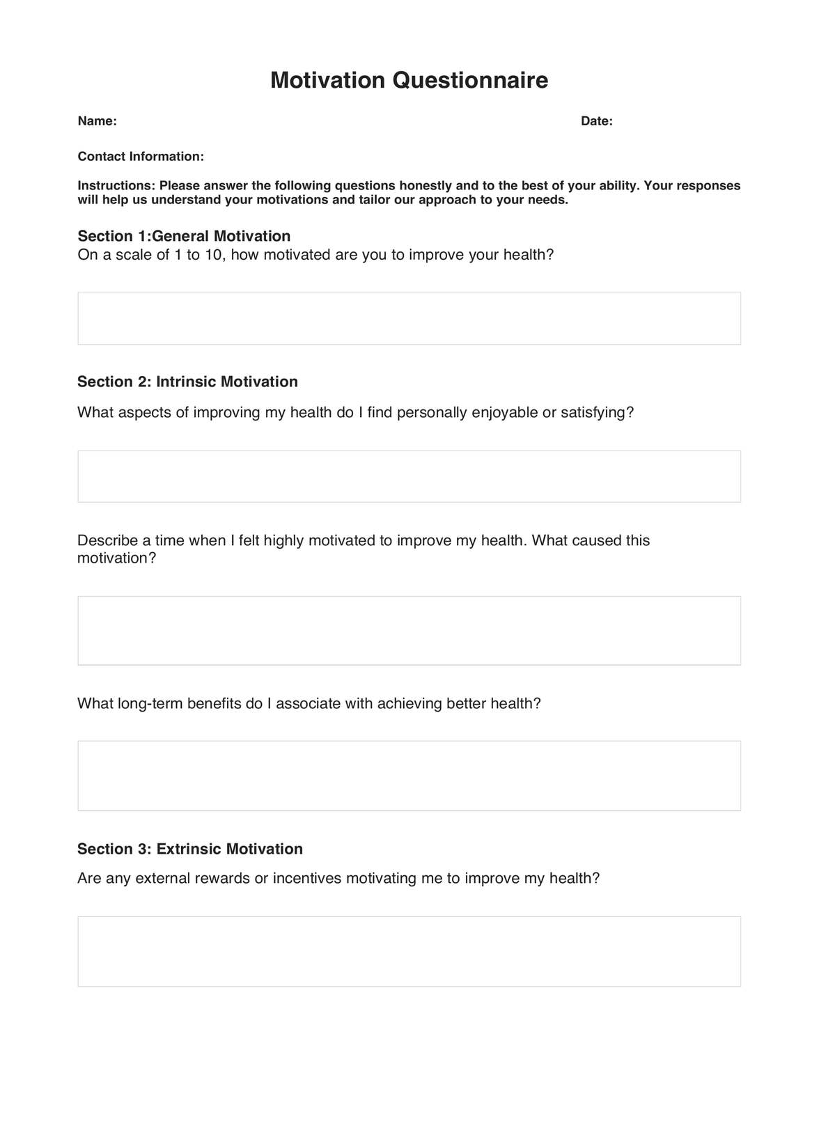 Motivation Questionnaires PDF Example