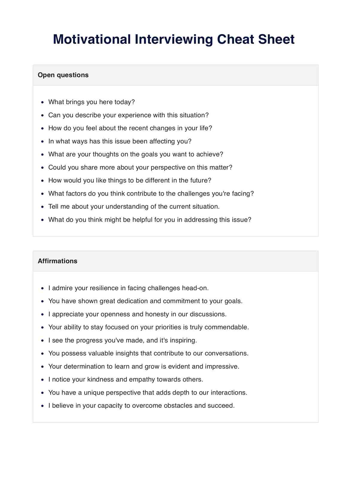 Motivational Interviewing Cheat Sheet PDF Example