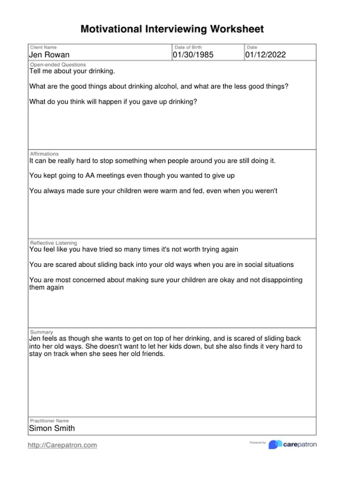 Motivational Interviewing Worksheet PDF Example