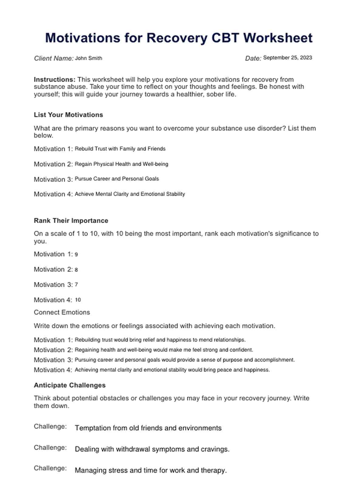 Motivations for Recovery CBT Worksheet PDF Example