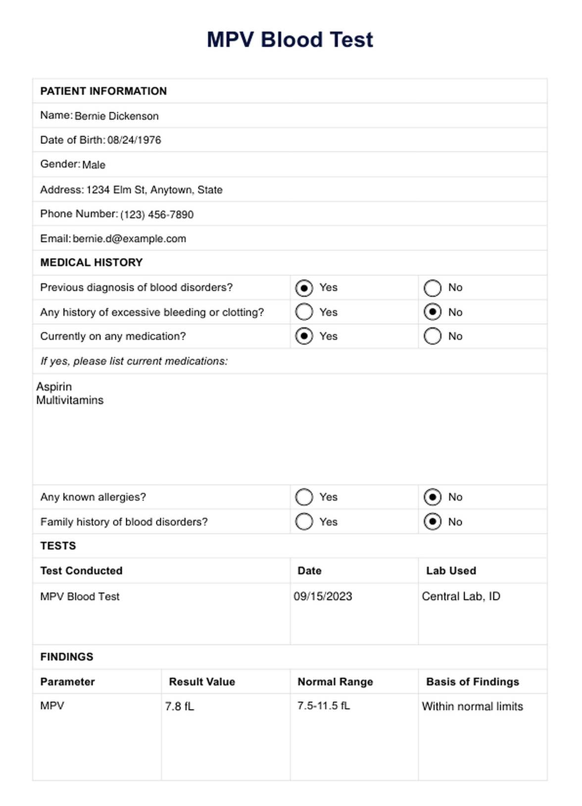 Test de sangre VPM (volumen plaquetario medio) PDF Example