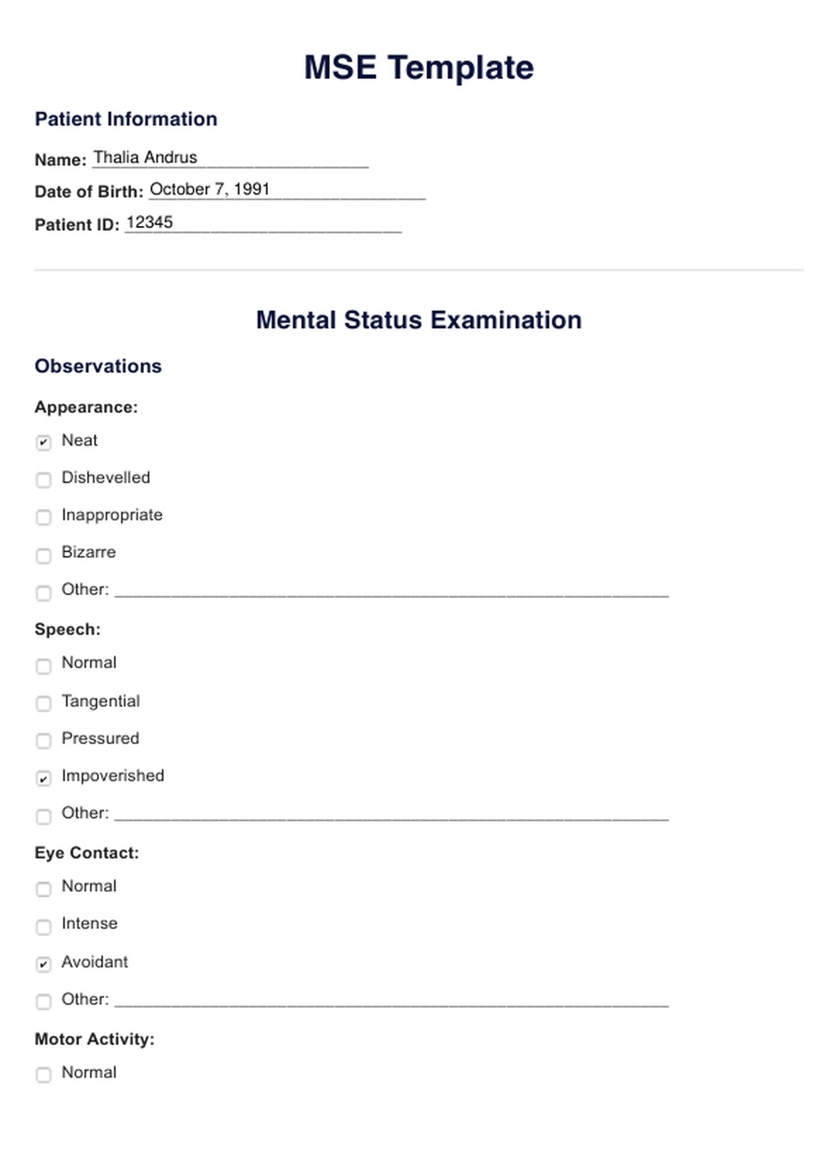 Examen del estado mental (MSE) PDF Example