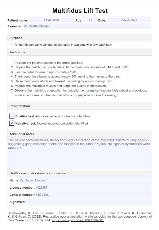 Multifidus Lift Test & Example | Free PDF Download