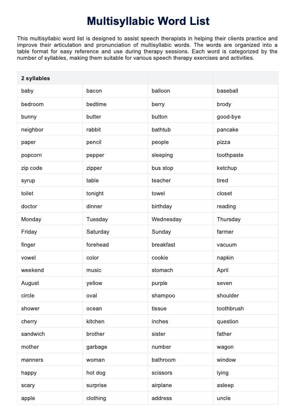 Multisyllabic Word List PDF PDF Example