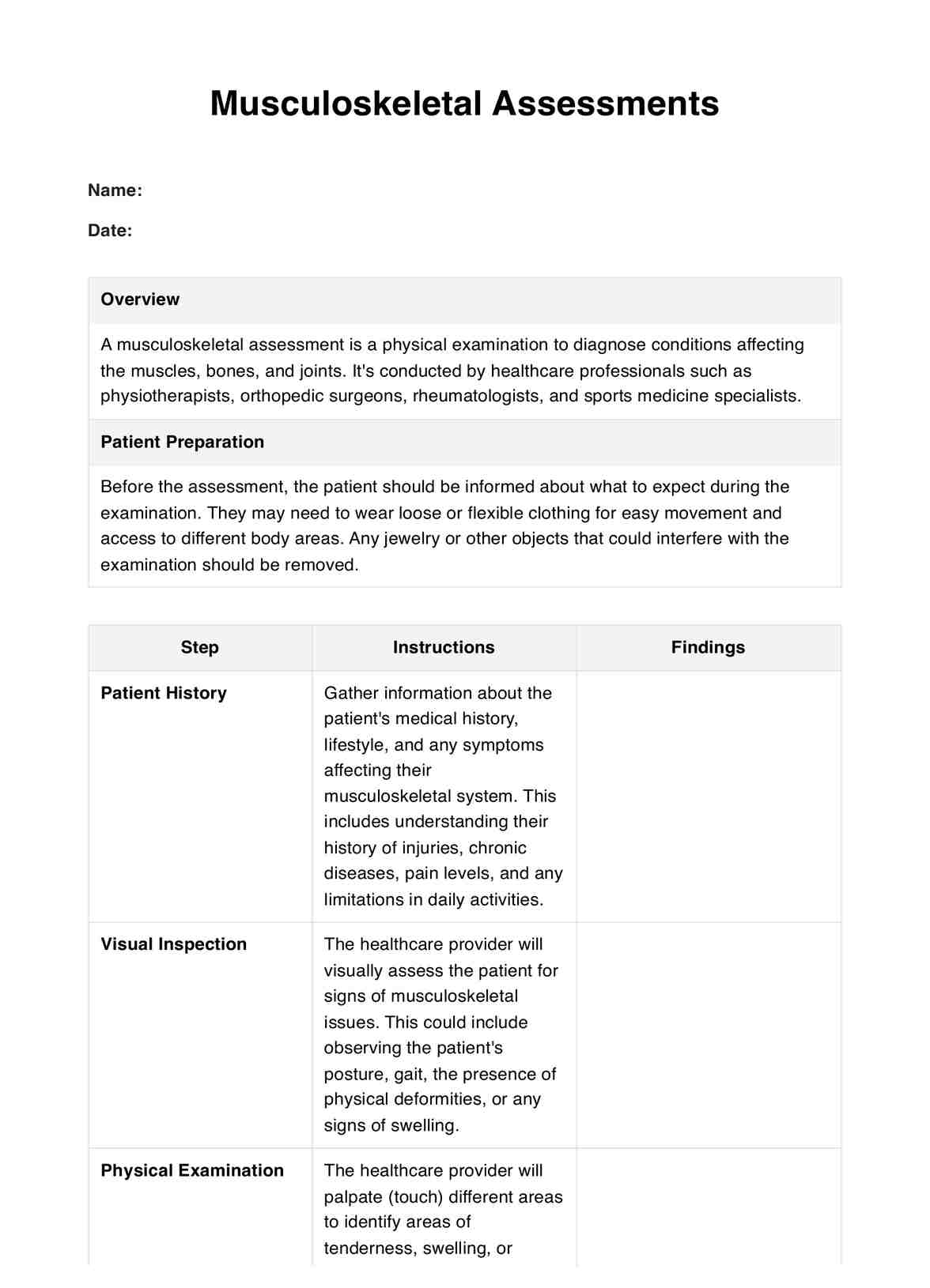 Musculoskeletal Nursing Assessment & Example | Free PDF Download