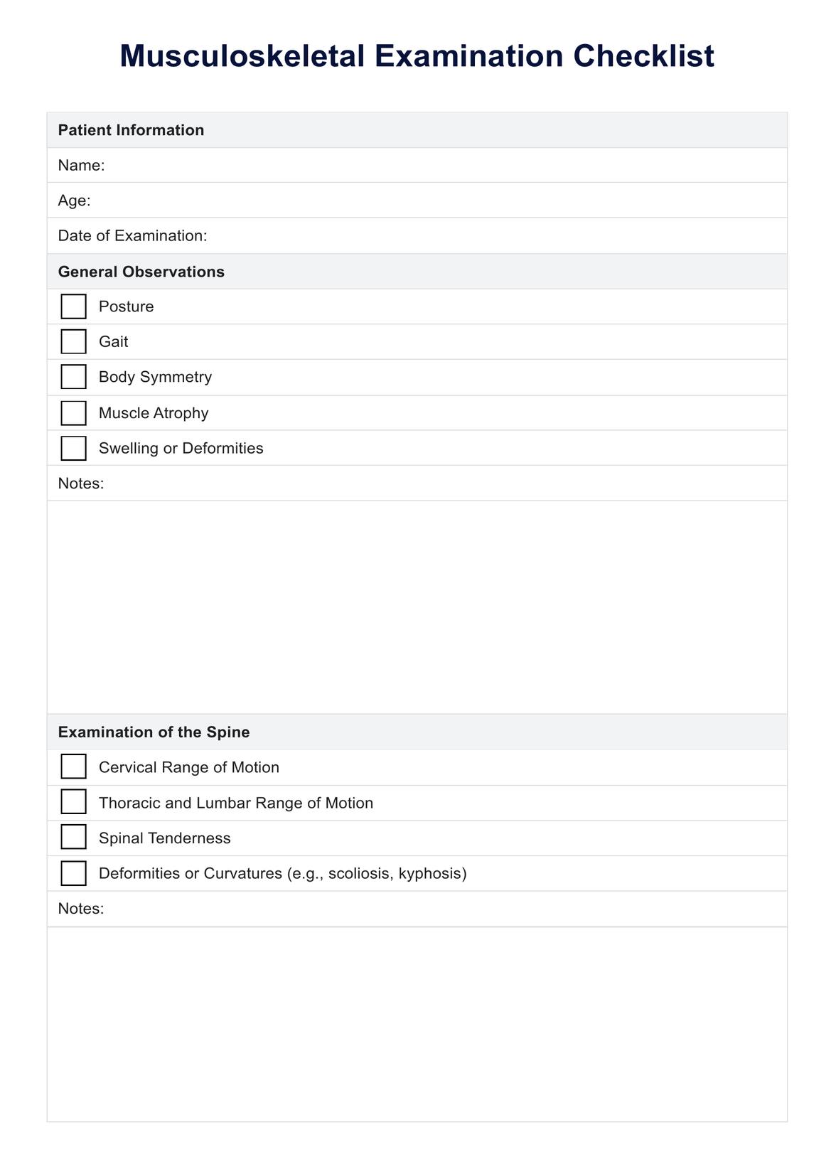 Musculoskeletal Examination Checklist PDF Example