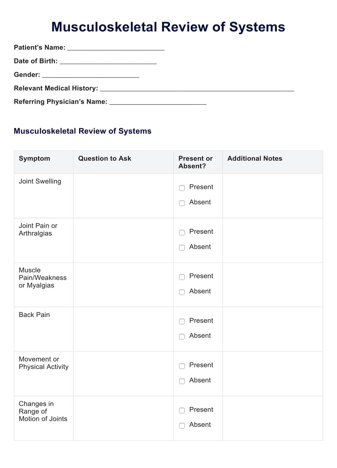 Musculoskeletal Review Of Systems PDF Example