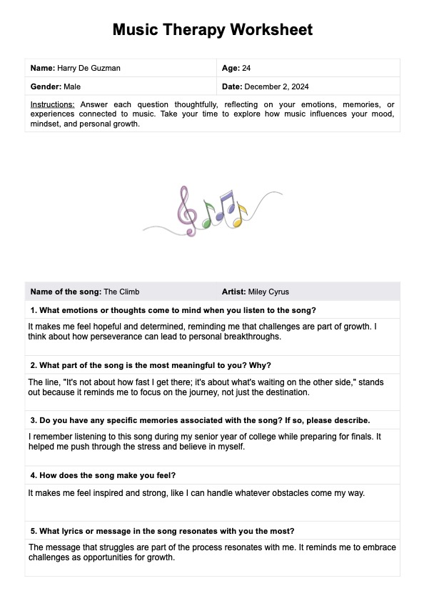 Hoja de ejercicios de musicoterapia PDF Example