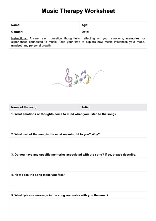 Hoja de ejercicios de musicoterapia PDF Example