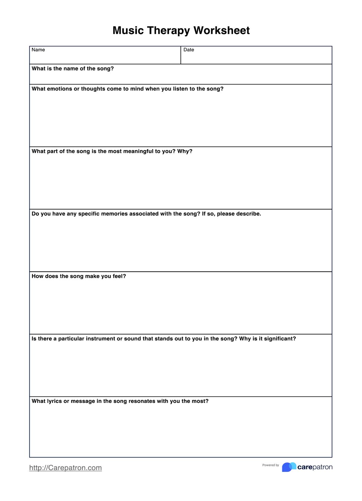 Music Therapy Worksheets PDF Example