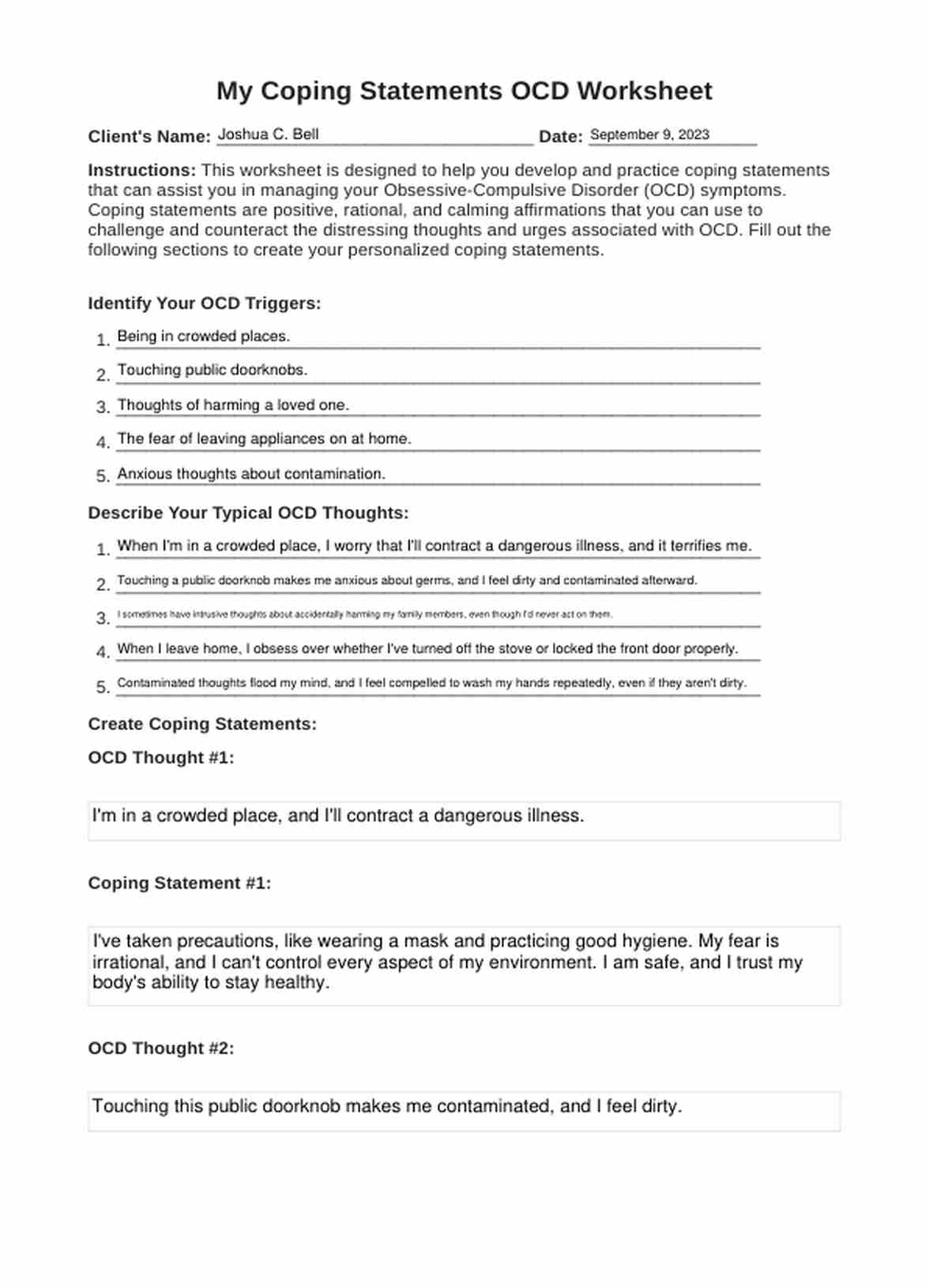 My Coping Statements OCD Worksheet PDF Example